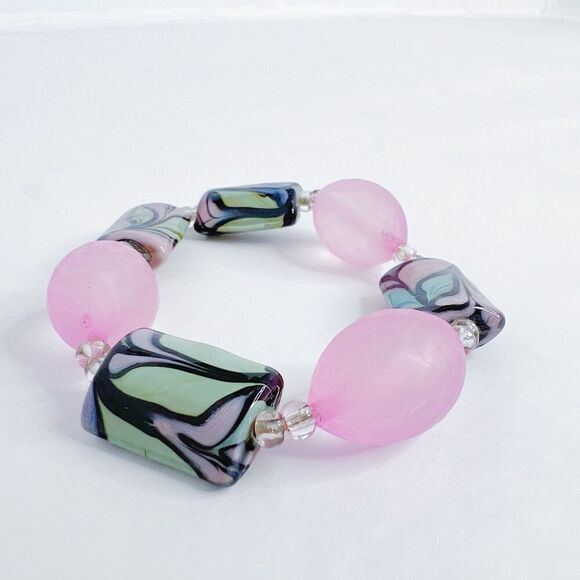 y2k Vintage Pink and Green Beaded Bracelet Murano Swirl Beads - Picture 2 of 5